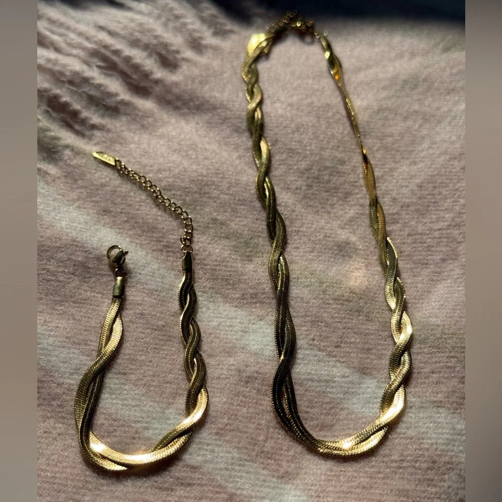 Braided New Herringbone Necklace Bracelet
 Gold 18K plated Set Stainless Steel - Picture 11 of 15